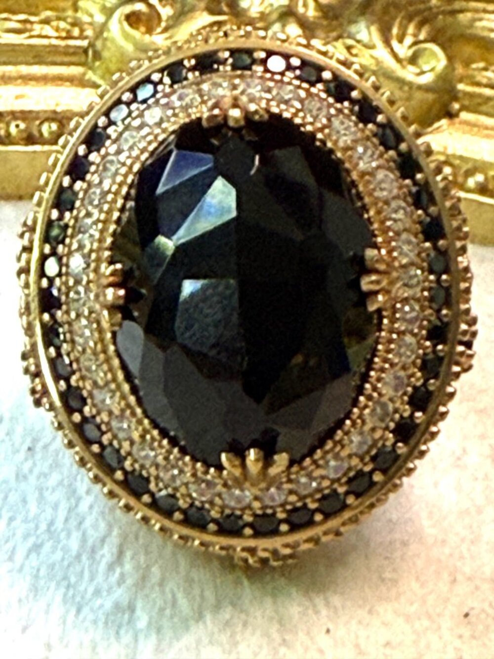 Large Black & Gold Statement Costume Jewelry Ring Size 9 With Crystal Accents